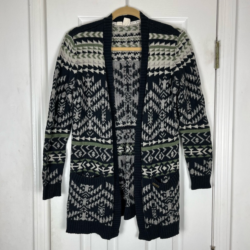 Roxy Aztec Open Front Duster Cardigan Sweater with Pockets XS Boho